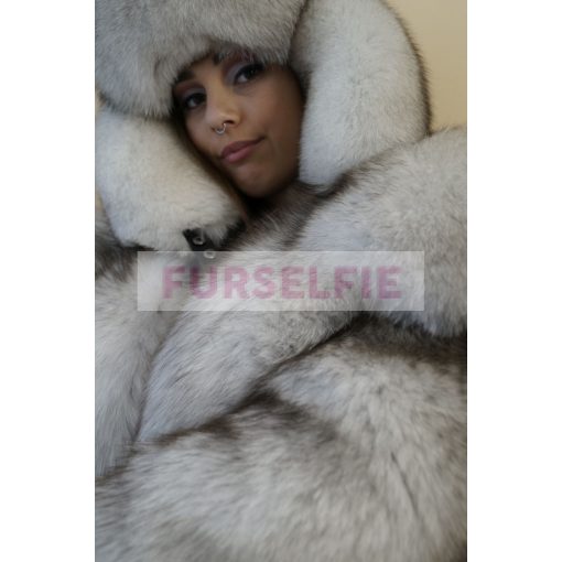 Gina in soft blue fox fur with blue fox fur hat